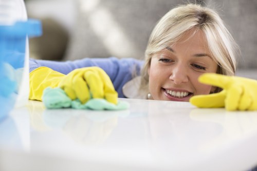 Cleaner reviewing a complaint record during a service check